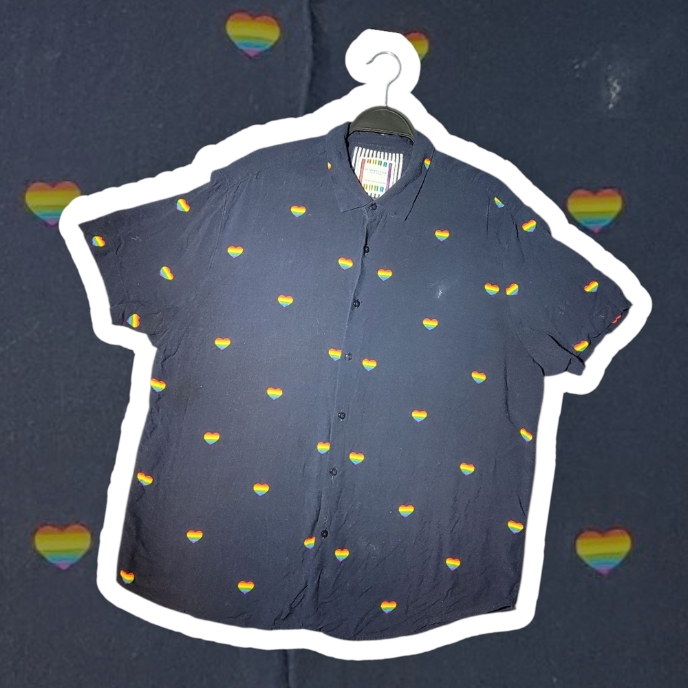 Denim & Flower Navy Shirt with Rainbow Heart Pattern
